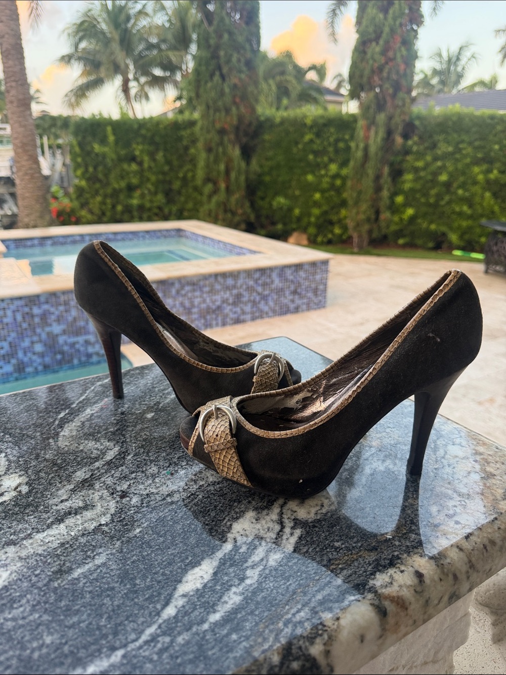 Black Suede Peep-Toe Pumps with Metallic Knot Detail